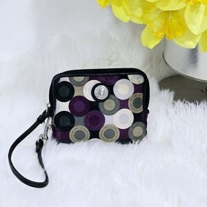 Coach Madison Signature Satin purple,white,gray and black wristlet .